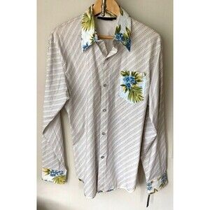 Men's L NWT Positano Stripe Hawaiian Floral Long Sleeve Button Down Shirt